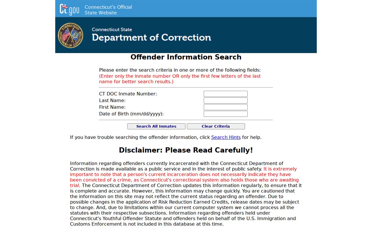 CT DOC inmate information search used for New London County custody checks