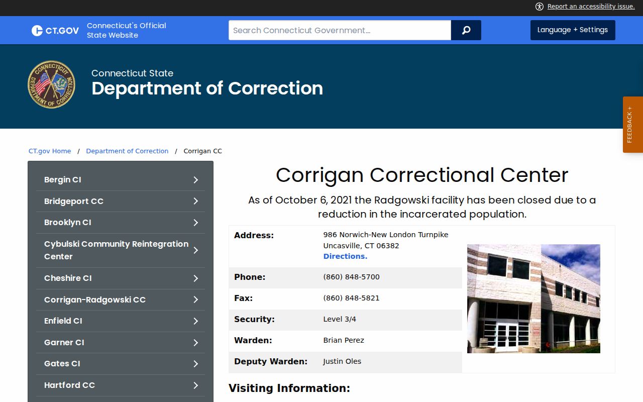 Official Corrigan Correctional Center page for New London County custody