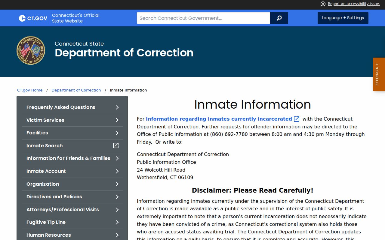 Connecticut DOC inmate information guidance for New London County searches