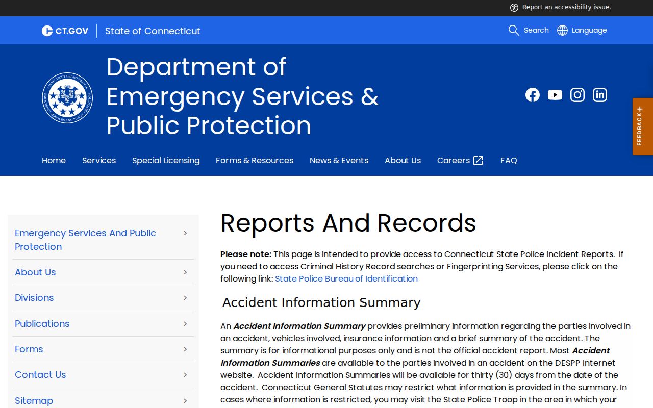 Connecticut State Police GovQA reports page for New London County arrest reports
