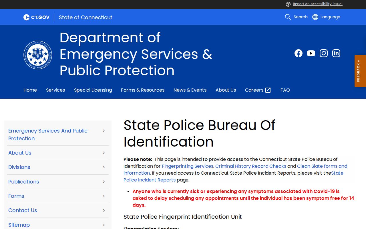 New London County criminal history SPBI check instructions