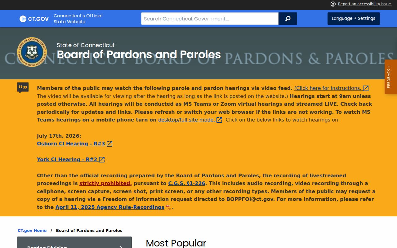 New London County criminal records Board of Pardons and Paroles