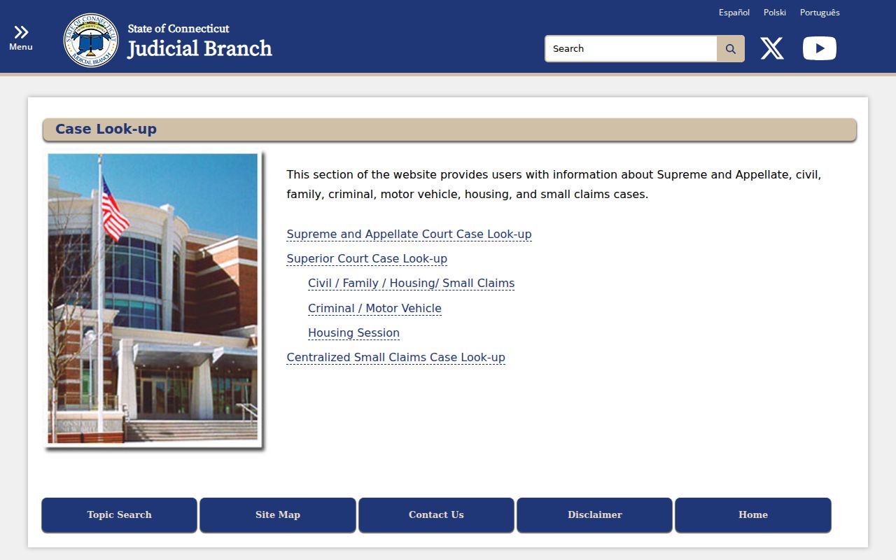 Connecticut Judicial Branch case lookup hub with criminal search option