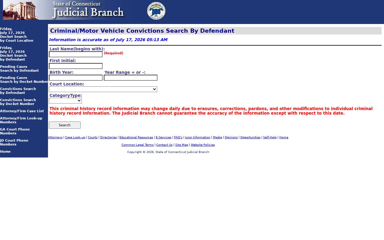 Connecticut Judicial Branch criminal and motor vehicle defendant search for New London County cases