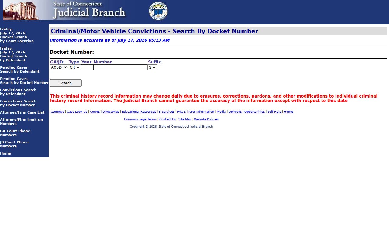 Connecticut criminal docket number entry screen used for New London County cases