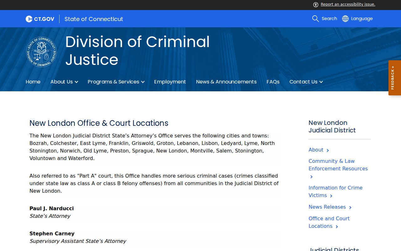 Official New London criminal court locations and directions page