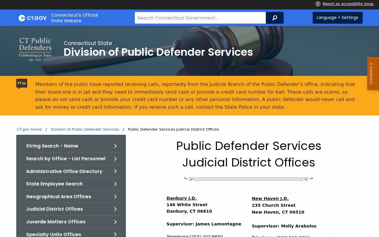 New London criminal history judicial district public defender information