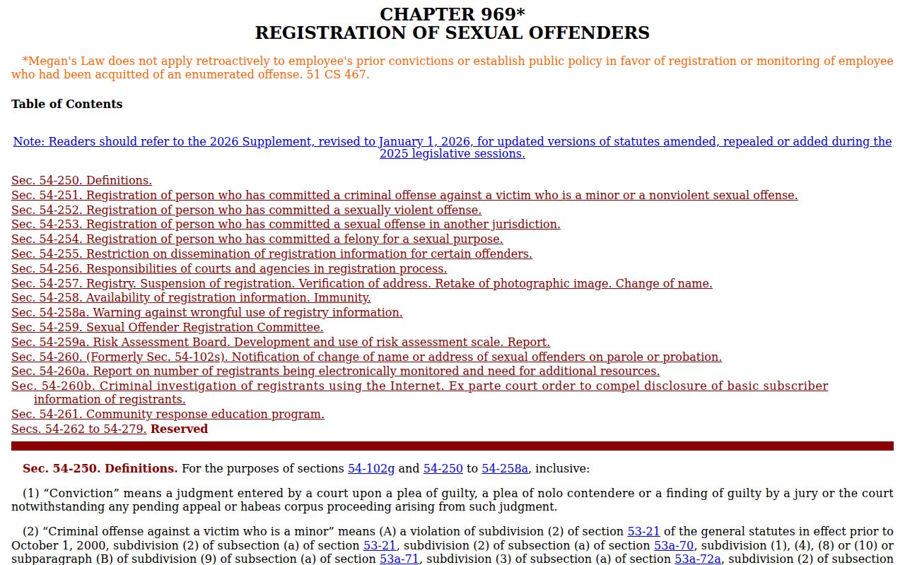 Connecticut sex offender registration statutes governing New London County registry records