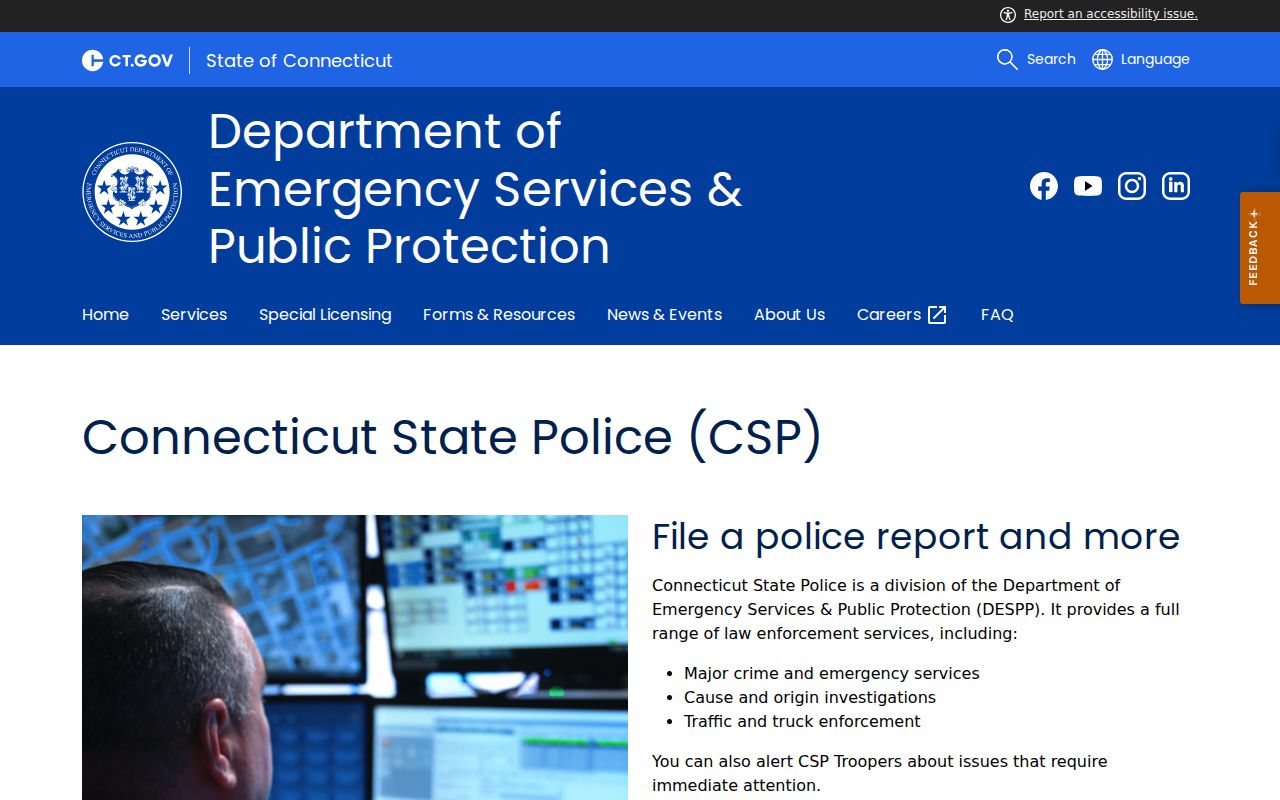 Connecticut State Police services page linking to the sex offender registry