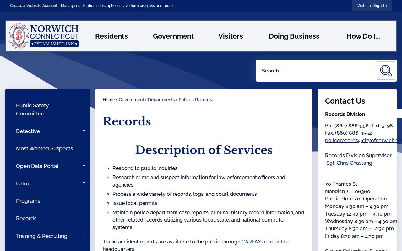 Norwich criminal history Police Records Division page